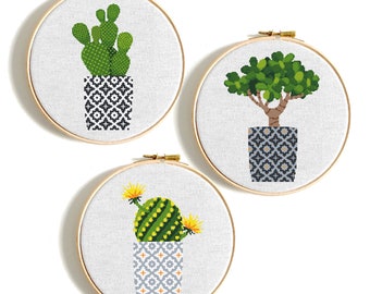 Cactus cross stitch Pattern PDF Minimalist modern cross stitch set 3 Cacti Succulent cross stitch chart PDF Instant download