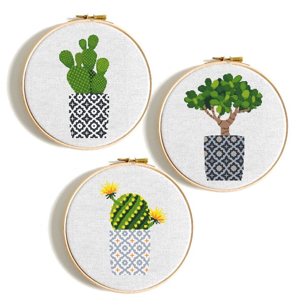 Cactus cross stitch Pattern PDF Minimalist modern cross stitch set 3 Cacti Succulent cross stitch chart PDF Instant download