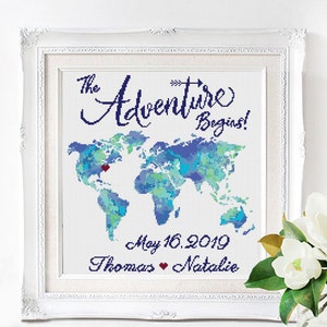 Modèle de point de croix de mariage, cadeau d'anniversaire de mariage, nom personnalisé, nom personnalisé, broderie de carte du monde avec le texte de l'aventure commence