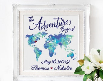 Wedding Cross Stitch Pattern PDF, Personalized Name, Date, Custom World Map Design, Anniversary Gift, Love Adventure Begins Digital Download