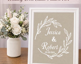 Wedding modern cross stitch pattern, Eucalyptus Wreath, DIY Personalized name, Custom name, Digital download PDF
