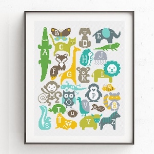 Animals Alphabet cross stitch pattern,  Baby Nursery decor Elephant, Fox , Giraffe, Cat, Butterfly Lion, Raccoon, Monkey, Dog, Urchin