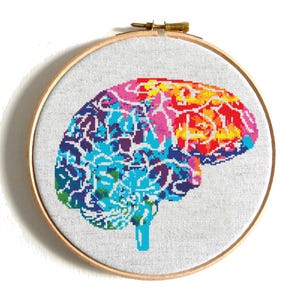 Anatomy brain cross stitch pattern, Colorful human brain embroidery, Funny body cross stitch, Scary anatomy pattern, Instant download PDF