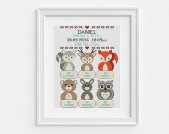 Geburtsanzeige Kreuzstich Stickmuster, niedlicher Fuchs, Bär, Hase, Vogel, Reh, personalisierte Baby Name, benutzerdefinierter Name, moderne einfache Stickerei