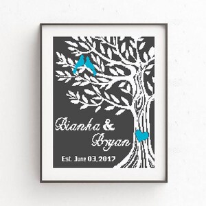 Wedding Cross Stitch Pattern PDF, Love tree with bird, DIY Add Your Names, Anniversary Gift, Alphabet Letters Included, Instant Download image 2