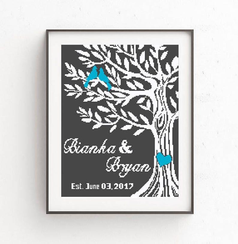 Wedding Cross Stitch Pattern PDF, Love tree with bird, DIY Add Your Names, Anniversary Gift, Alphabet Letters Included, Instant Download image 2