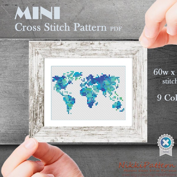 World map mini cross stitch pattern Silhouette of world Watercolor world map Counted cross stitch PDF pattern Instant download