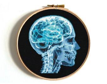 Patrón moderno de punto de cruz de calavera, bordado de rayos X, calavera humana, anatomía divertida, cráneo y cerebro radiados, descarga digital instantánea en PDF