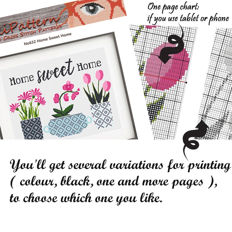 Home sweet home cross stitch pattern, Tulips and orchid in geometric pots, Botanical embroidery Set, Plant embroidery, Instant download image 4