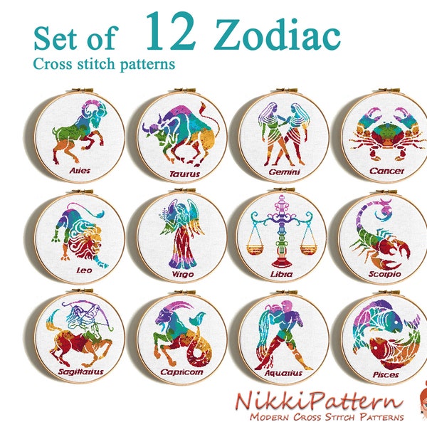 Set of 12 ZODIAC Cross stitch pattern Zodiac Horoscope cross stitch Modern cross stitch bundle Leo Virgin Silhouette Counted cross stitch