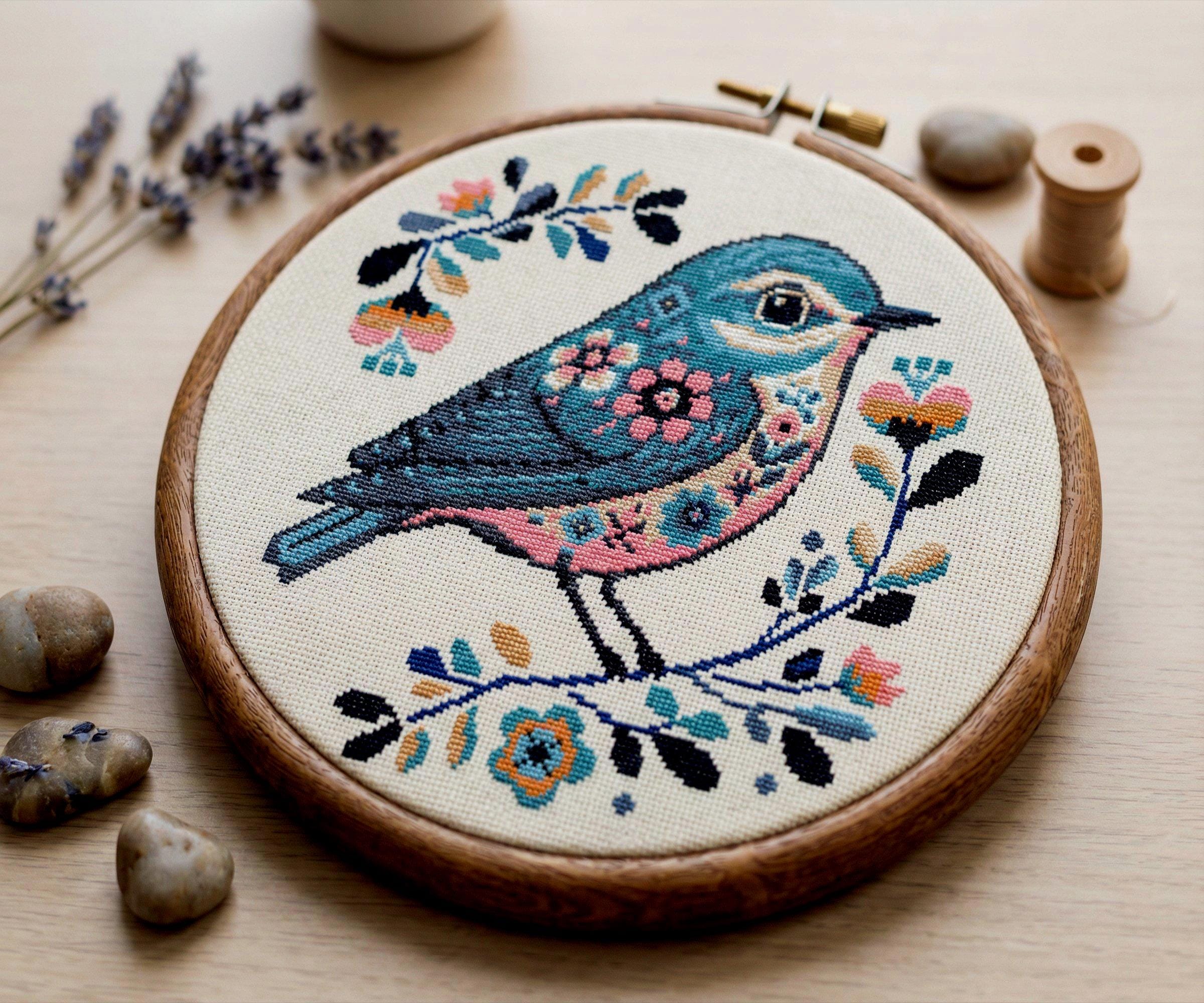 花鳥クロスステッチ図案PDF、モダンフォークバード刺繍、コテージコア