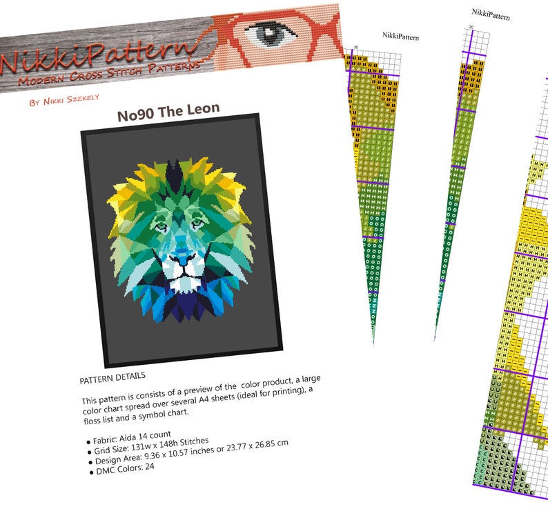 Dierlijk kruissteekpatroon Geometrische leeuw Wild dier Kat Afdrukbare PDF Instant download Borduurschema Geteld Xstitch DIY Verjaardag Gif afbeelding 7