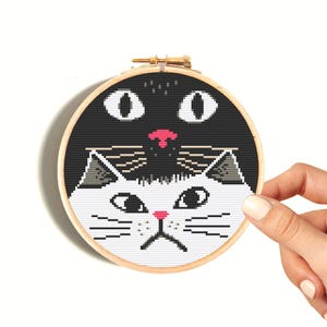 Cat Cross Stitch Pattern, Funny Black and White Cats Embroidery Design, Easy DIY Hoop Art for Cat Lovers, Digital instant download PDF