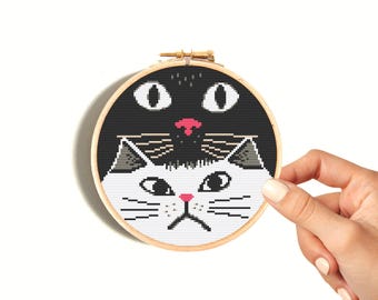 Cat Cross Stitch Pattern, Funny Black and White Cats Embroidery Design, Easy DIY Hoop Art for Cat Lovers, Digital instant download PDF