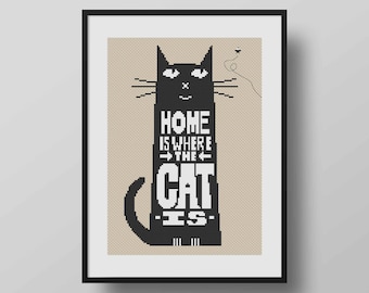 Op de afbeelding: Een ingelijste print met een gestileerde zwarte kat en de witte tekst "HOME IS WHERE THE CAT IS". De achtergrond is beige en de print zit in een zwarte lijst. Een kattenkunstwerk.