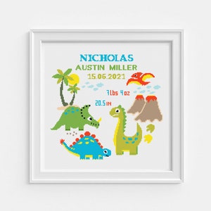 Birth announcement cross stitch pattern, Cute dinosaurs baby nursery room decor, Easy DIY to kids, Digital instant download PDF