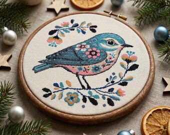 花鳥クロスステッチ図案PDF、モダンフォークバード刺繍、コテージコア
