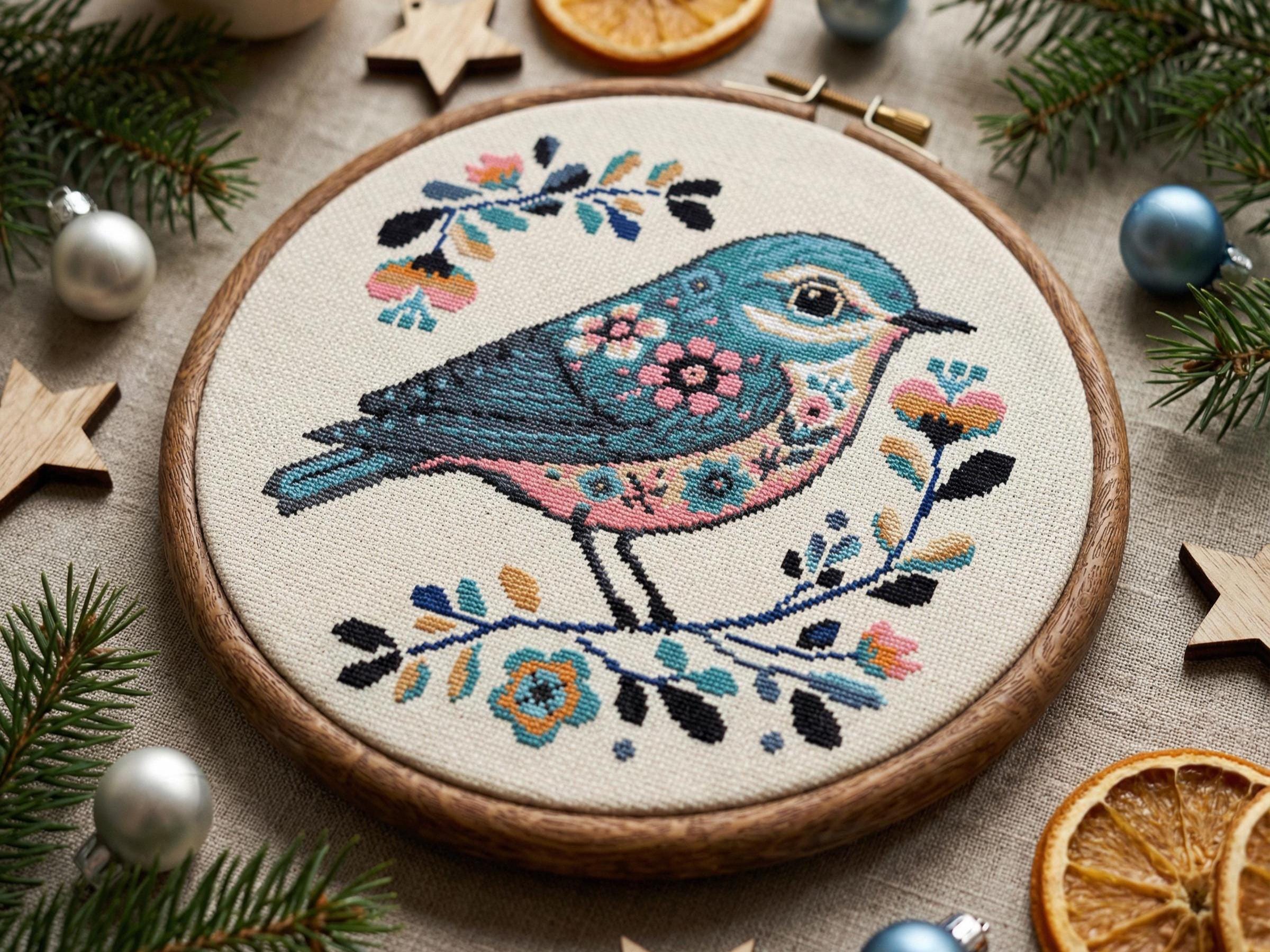 花鳥クロスステッチ図案PDF、モダンフォークバード刺繍、コテージコア