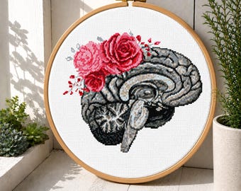 Brain cross stitch pattern, Human anatomy skull with a rose embroidery, Gothic medical Needlework, Digital download PDF