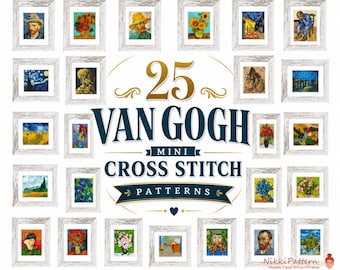 Set of 25 Van Gogh Mini art Cross Stitch Patterns, Mini masterpieces, Starry night, Modern cross stitch, Tiny famous paintings, Beginner