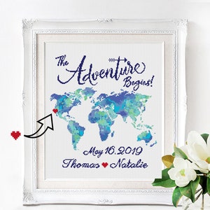 Wedding modern cross stitch pattern, Adventure begins, World map counted cross stitch love, anniversary, wedding gift, Customizable DIY, PDF