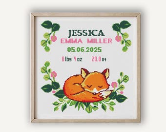 Baby birth Announcement Cross Stitch Pattern, Funny Fox Nursery Decor, Dream Big Little One, DIY Baby Gift, Digital Download