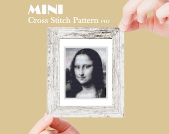 Mona Lisa mini cross stitch pattern, Modern tiny art, Famous woman by Leonardo da Vinci, Monochrome embroidery, Digital instant download