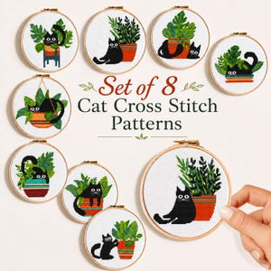Cat Cross Stitch Pattern, Set of 8 Funny Black cats in pots with plants, Easy beginner chart, Instant download PDF