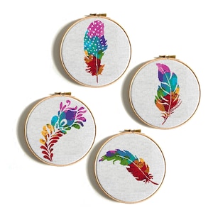 Feather cross stitch pattern, Watercolor modern embroidery, Colorful silhouette design, Digital instant download PDF