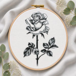 Black Rose Cross Stitch Pattern, Monochrome Floral Embroidery, Gothic Flower Design, Elegant Botanical Decor, PDF Pattern