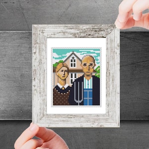 Mini cross stitch pattern American Gothic by Grant Wood Modern cross stitch Famous painting Mini Tiny small masterpiece Easy art PDF chart