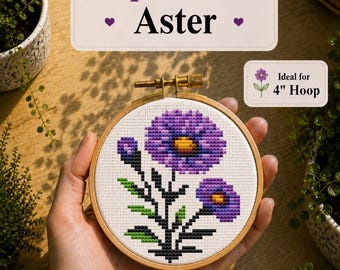 Aster cross stitch pattern, Birth Month Flower, September flower, Mini and easy designs, The birth flower of Sept, Instant Download PDF