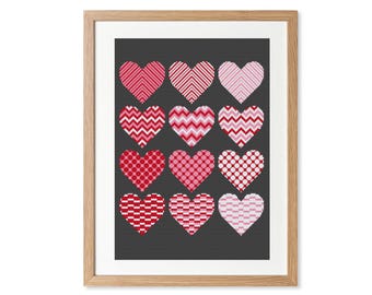 Heart Cross Stitch Pattern Set, Valentines day, Easy love geometric monochrome x-stitch, Digital Download PDF