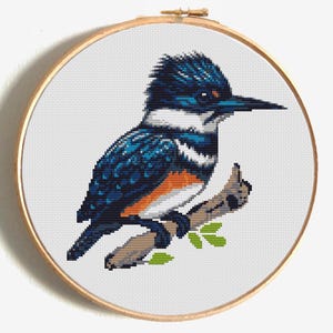 Può includere: Ricamo a punto croce di un martin pescatore su un ramo. L'uccello presenta dettagli blu, bianchi e arancioni, su sfondo bianco. Il ricamo è incorniciato in un telaio di legno rotondo.
