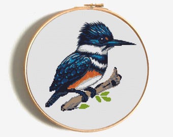Kingfisher cross stitch pattern PDF, Blue bird embroidery design, nature hoop art. Small counted Belted Kingfisher chart, instant download