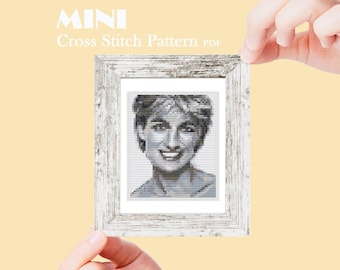 Princess Diana mini cross stitch pattern, Modern tiny art, Famous tiny miniature picture painting, Small easy frame art Easy hand embroidery
