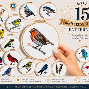 May include: A collection of 15 bird cross stitch patterns, each displayed in a wooden embroidery hoop. The patterns feature various colorful birds, with text that reads "Bird Cross Stitch Patterns" and "Beautiful Birds in Mini Stitches."