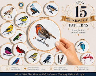 Set of 15 Mini Bird cross stitch patterns PDF, Tiny songbirds, Mini embroidery, Cute Bluebird, Hummingbird, Kingfisher, Cardinal, Robin bird