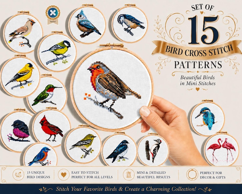 Mini bird cross stitch patterns. Set of 15.