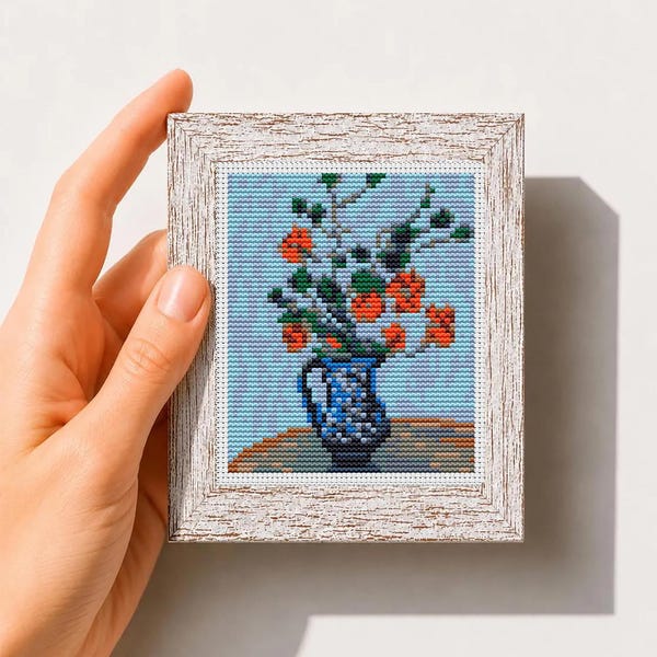 Mini Cross Stitch Pattern art,  Nasturtiums in a Blue Vase by Claude Monet Famous painting, Instant download PDF