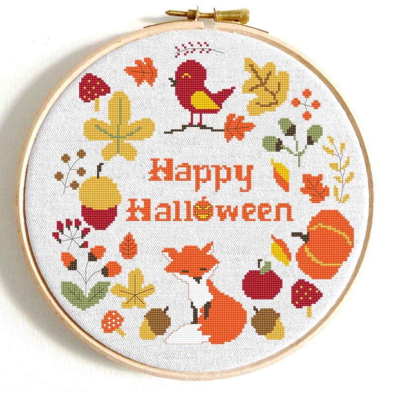 Fox Cross Stitch Pattern Pumpkin Cross Stitch Happy Halloween Cross Stitch Wreath Happy Autumn Counted Cross Stitch Easy Cross Stitch Decor Craft Supplies Tools Printing Printmaking Timinox Com