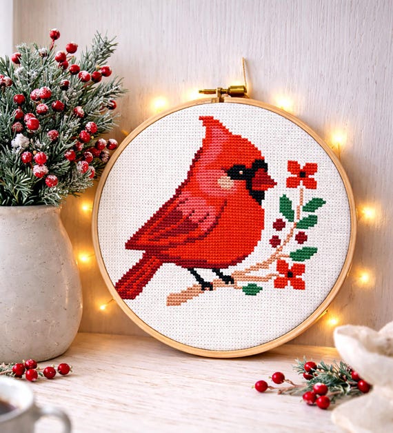 Northern Cardinal Cross Stitch Pattern, Cute Bird with Flowers, Mini Songbird Design, Easy Counted X-Stitch, Instant PDF Download