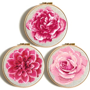 Pink flower modern cross stitch pattern PDF Boho wall decor Rose, Peony counted cross stitch design Floral Nursery decor Floral Embroidery