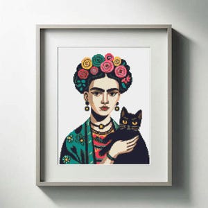 Frida Cross Stitch Pattern, Woman with Flowers and Black Cat, Folk Art Portrait Embroidery, Digital Download PDF