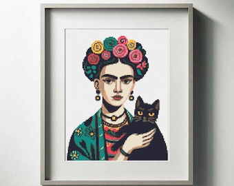 Frida Cross Stitch Pattern, Woman with Flowers and Black Cat, Folk Art Portrait Embroidery, Digital Download PDF