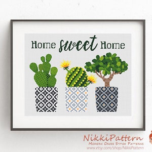 Home sweet home cross stitch pattern Modern cacti counted cross stitch, PDF pattern, embroidery design, instant download PDF chart