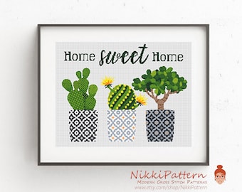 Home sweet home cross stitch pattern Modern cacti counted cross stitch, PDF pattern, embroidery design, instant download PDF chart