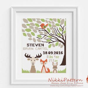 Birth Announcement modern cross stitch pattern, Girl Boy nursery, DIY new baby gift, counted cross stitch PDF