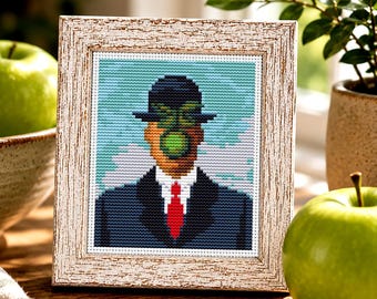 Miniaturowy wzór do haftu krzyżykowego Nowoczesna mała sztuka - Syn Człowieczy René Magritte Małe słynne dzieło sztuki Miniaturowy wzór do haftu ręcznego w formacie PDF Człowiek jabłko