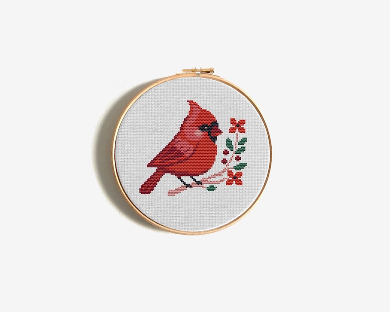 Northern Cardinal Cross Stitch Pattern, Cute Bird with Flowers, Mini Songbird Design, Easy Counted X-Stitch, Instant PDF Download image 11